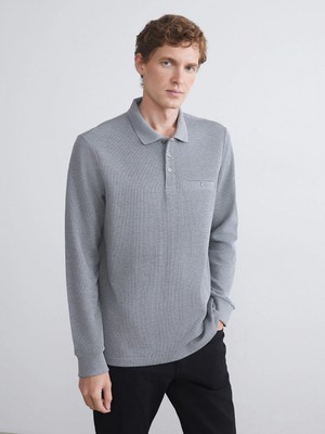 LC Waikiki Lcwaıkıkı Classic Gri Polo Yaka Uzun Kollu Erkek Sweatshirt