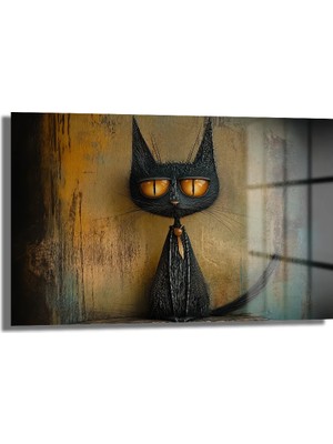 GLAZELLA Büyüleyici Bakışlı Kara Kedi: Modern Sanat Temperli Cam Tablo