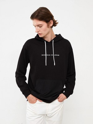 LC Waikiki Xsıde Siyah Uzun Kollu Baskılı Erkek Hoodie