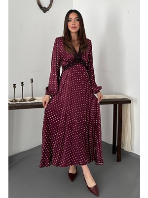 Modanı Seç Bordo Saten Puantiyeli Dantel Detaylı Elbise