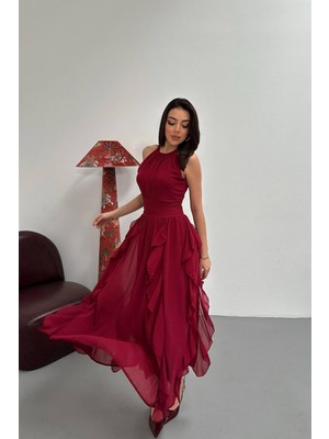 Modanı Seç Bordo Önü Büzgülü Fırfırlı Elbise