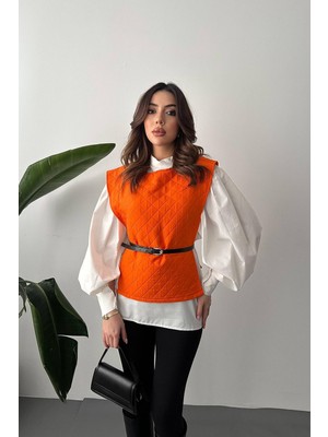 Modanı Seç Oranj Kemerli Gömlek ve Panço Takım