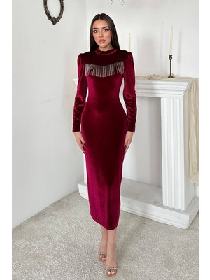 Modanı Seç Bordo Kadife Işıltılı Elbise