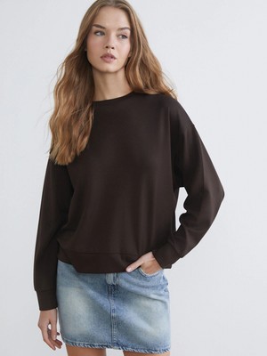 LC Waikiki Xsıde Kahverengi Bisiklet Yaka Oversize Kadın Sweatshirt