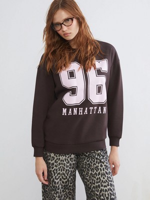 LC Waikiki Xsıde Kahverengi Bisiklet Yaka Baskılı Oversize Kadın Sweatshirt
