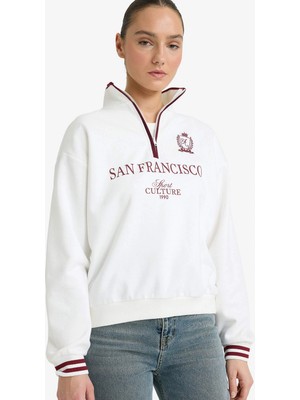 Defacto G7048AXER238 Ekru Relax Fit Polo Yaka Baskılı Kalın Sweatshirt