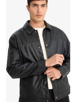 Defacto F9779AXBK27 Siyah Su Itici Regular Fit Çıtçıtlı Suni Deri Iç Cepli Ceket Mont