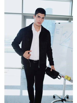 Defacto Y5362AZBK27 Siyah Slim Fit Dar Kesim Polo Yaka Astarlı Fermuarlı Cepli Mevsimlik Baharlık Süet Mont