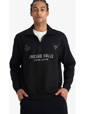Defacto F5859AXBK81 Siyah Nba Chicago Bulls Relax Fit Polo Yaka Jakarlı Sweatshirt