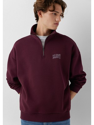 Mavi 0S10208-70434 Mavi Logo Baskılı Yarı Fermuarlı Bordo Sweatshirt