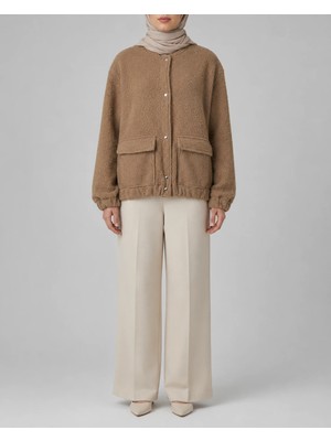Beyaz Zambak Oversize Kalıp Peluş Bomber Ceket