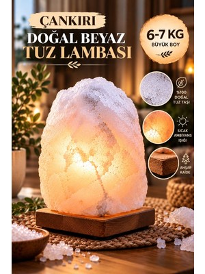 Çankırı 6-7 kg Beyaz Doğal Kaya Tuzu Lambası Ahşap Kaideli Dekoratif Lamba