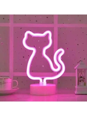 Bin1çeşit Sevimli Neon Kedi Masa Lambası Pembe Işık 1 Adet