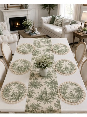 Luxoras Home Yeşil Duck Kumaş Düz Runner ve Püsküllü 6’lı Supla Amerikan Servis Seti - Vintage Bohem Fransız Köylü Desenli Yuvarlak Masa Dekoru - 7 Parça Çeyiz Seti