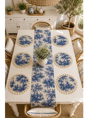 Luxoras Home Lacivert Duck Kumaş Düz Runner ve 6’lı Püsküllü Supla Amerikan Servis Seti - Vintage Bohem Fransız Köylü Desenli Yuvarlak Masa Dekoru - 7 Parça Çeyiz Seti