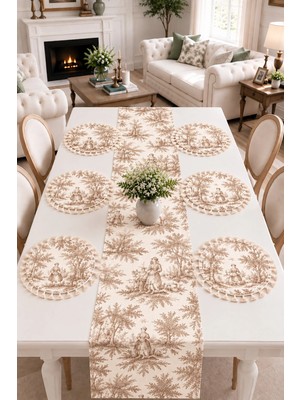 Luxoras Home Duck Kumaş Düz Runner ve 6’lı Püsküllü Yuvarlak Supla Amerikan Servis Seti - Vintage Bohem Fransız Köylü Desenli Yuvarlak Masa Dekoru - 7 Parça Çeyiz Seti