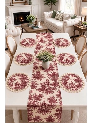 Luxoras Home Duck Kumaş Düz Runner ve 6’lı Supla Amerikan Servis Seti - Vintage Bohem Fransız Köylü Desenli Yuvarlak Masa Dekoru - 7 Parça Çeyiz Seti