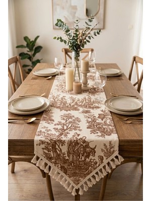Luxoras Home Fransız Köylü Desenli Duck Kumaş Ucu Üçgen Püsküllü Runner Vintage Country Dekoratif Masa ÖRTÜSÜ-40X110 cm