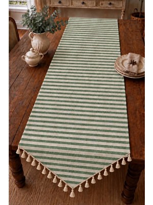 Luxoras Home Çizgili Yeşil Vintage Pamuk Keten Üçgen Püsküllü Runner 50X200 Premium Keten