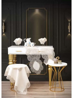 Bin1çeşit -Kapiçino Bellisima Model 5 Parça Keten Dantelli Salon Takımı Runner Seti No 800