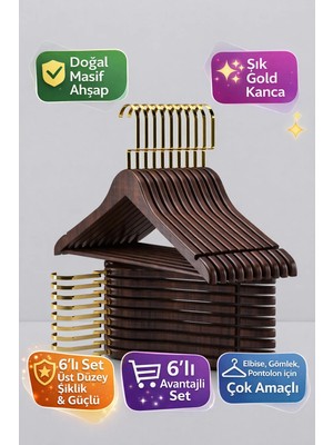 Onouqo Ceviz Ahşap Elbise, Gömlek ve Pantolon Askısı, Gold Kanca, 6 Adet
