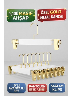 Onouqo Beyaz Mandallı Ahşap Pantolon ve Etek Askısı, Gold Kanca, 6 Adet