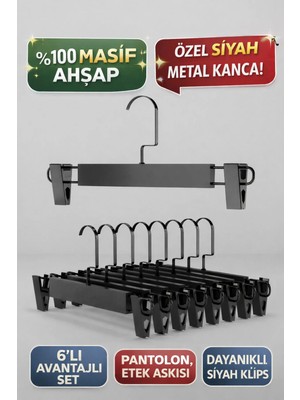 Onouqo Siyah Mandallı Ahşap Pantolon ve Etek Askısı, Siyah Kanca, 6 Adet