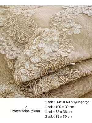 Bin1çeşit Kapiçino Çeyizlik Firuze Model 5 Parça Keten Dantelli Runner Seti Salon Takımı