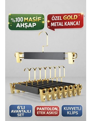 Onouqo Siyah Mandallı Ahşap Pantolon ve Etek Askısı, Gold Kanca, 6 Adet