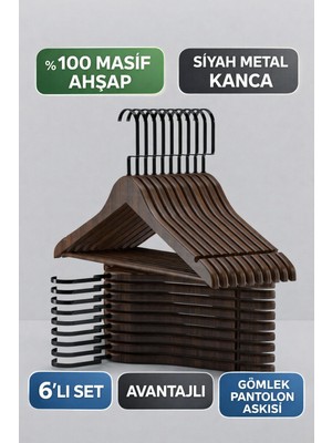 Onouqo Ceviz Ahşap Elbise, Gömlek ve Pantolon Askısı, Siyah Kanca, 6 Adet
