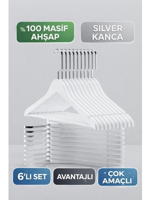 Onouqo Beyaz Ahşap Elbise, Gömlek ve Pantolon Askısı, Gümüş Kanca, 6 Adet