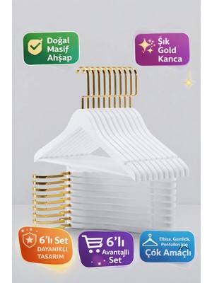 Onouqo Beyaz Ahşap Elbise, Gömlek ve Pantolon Askısı, Gold Kanca, 6 Adet
