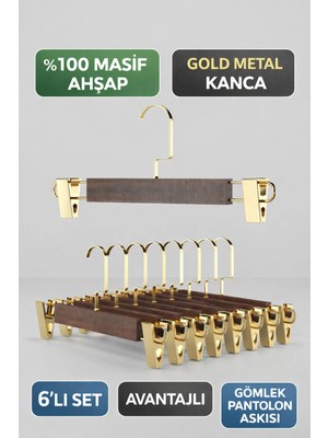 Onouqo Ceviz Mandallı Ahşap Pantolon ve Etek Askısı, Gold Kanca, 6 Adet