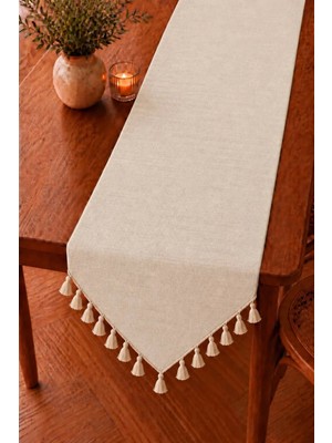 Luxoras Home Krem Vintage Pamuk Keten Üçgen Püsküllü Runner 40X110 Premium Keten