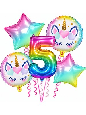 Orca Süs Rainbow 5 Li Set Folyo Balon  Doğum Günü Seti Gökkuşağı Yıldız Happy Birthday