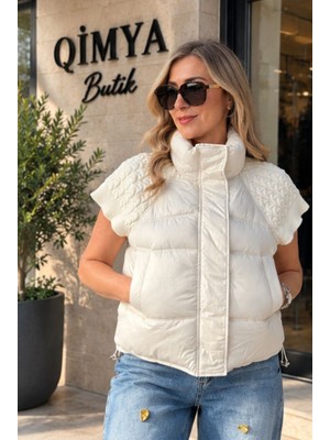 Qimya Butik Robin Kadın Reglan Kolları Triko Beli Tünelli Oversize Kısa Şişme Yelek