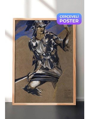 Zestia Ahşap Çerçeveli Klasik Sanat Duvar Tablosu, Zırhlı Savaşçı Figür Çizimi, No: 20698