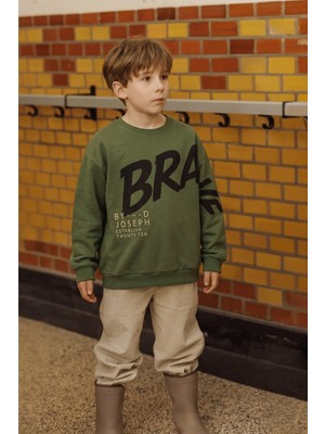 Cigit Baskılı Erkek Çocuk Kışlık Sweatshirt 8-12 Yaş Yağ Yeşili