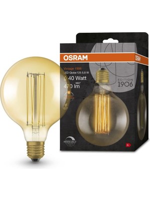 Ledvance Osram Vintage 1906 Altın Tonlu LED Lamba, 5,8 W, 470 Lm, Küre Şeklinde, 125 mm Çap ve E27 Duy, Sıcak Beyaz Işık Rengi, Düz Filament, Kısılabilir, 15.000 Saate Kadar Kullanım Ömrü