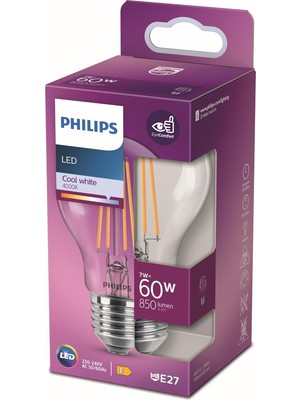 Philips LED Classic 60W A60 Filament Ampul, 4000K Soğuk Beyaz, E27 Normal Duy, Dim Edilmez
