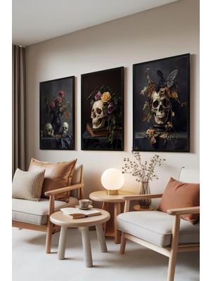 Zestia Siyah Çerçeveli 3'lü Tablo Seti, Memento Mori – Sanatsal Kurukafa ve Çiçek Set No: 30158