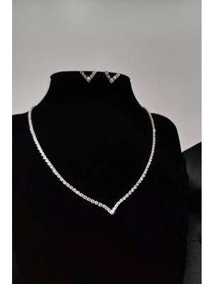 Mupte Jewelry Abiye Gelinlik Su Yolu V Model Kolye Küpe Set