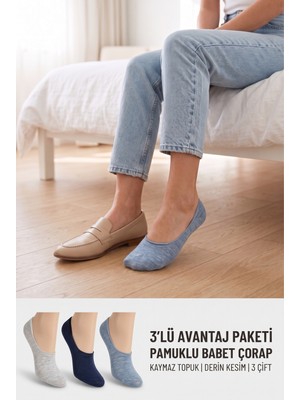 Lykos Kadın Gri Lacivert Mavi Pamuklu Babet Çorap 3'lü Paket Kaymaz Topuk