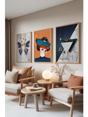 Zestia Ahşap Çerçeveli 3'lü Tablo Seti, Golden Touch – Modern Sanatsal Kompozisyon Set No: 30154