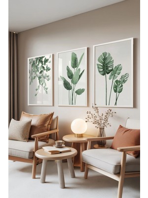 Zestia Beyaz Çerçeveli 3'lü Tablo Seti, Green Botanical – Minimal Yaprak Deseni Set No: 30162
