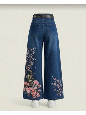 Semesia Sakura Çiçeği Nakışlı Wideleg Retro Jeans