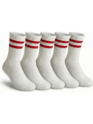 Lykos Kadın Beyaz - Kırmızı Çift Çizgili Soket Çorap 5’li Paket