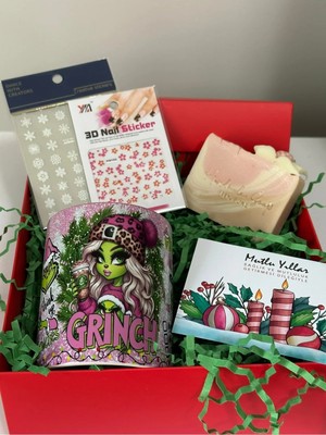 Cakaybu Hediye Kutusu Yılbaşı Yeni Yıl Grinch  Kupa Seti 9 ( Kupa , Tırnak  Sticker ,  Vegan Sabun )