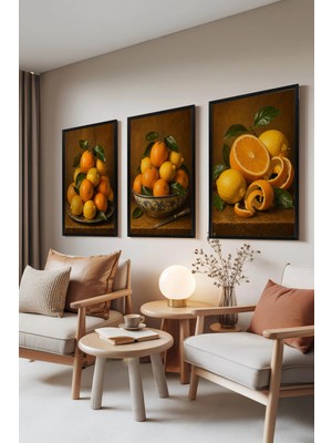 Zestia Siyah Çerçeveli 3'lü Tablo Seti, Limon Portakal Tabağı Natürmortu Set No: 30236