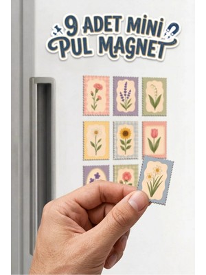 Riyaz Vintage Çiçek Tasarımlı Pul Magnet Seti - 9 Adet Buzdolabı Mıknatısı Hediyelik Anı Süsü (3x5 Cm)